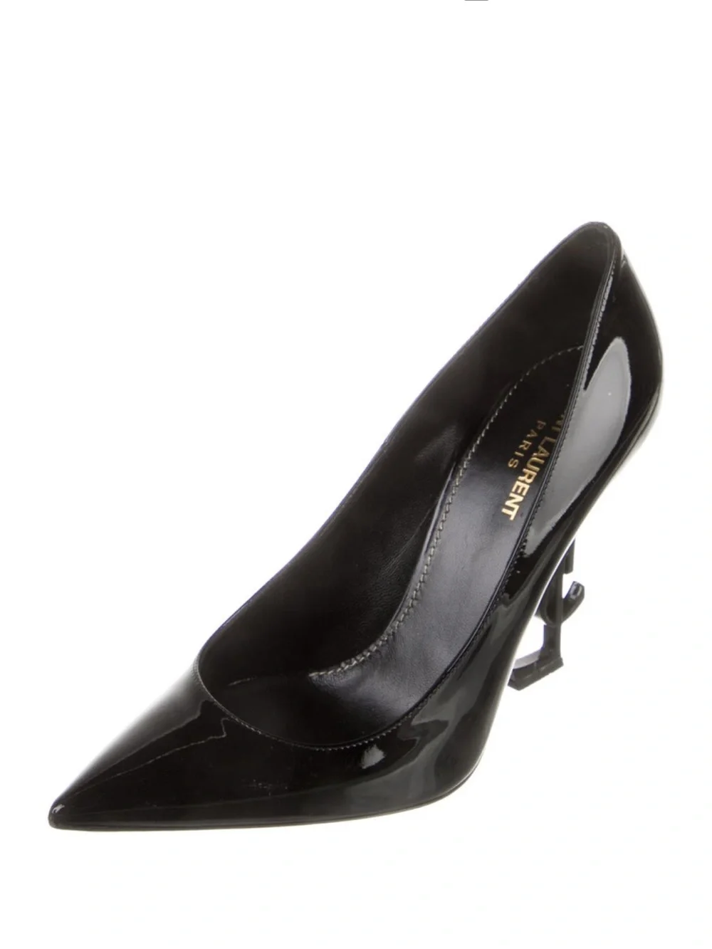 Saint Laurent Black Patent Opyum Logo-Heel Pointed Pump - Picture 3 of 6